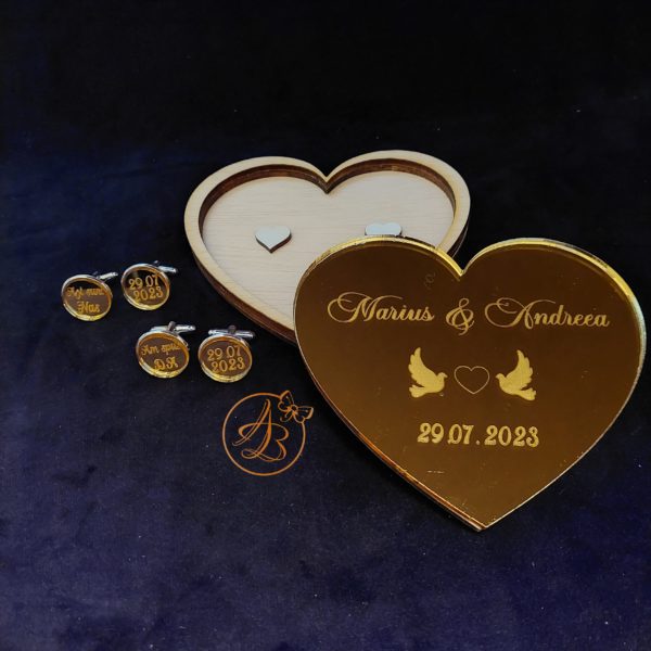 Set elegant cutie verighete si butoni cu oglinda aurie - imagine 2