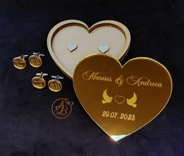 Set elegant cutie verighete si butoni cu oglinda aurie - imagine 5