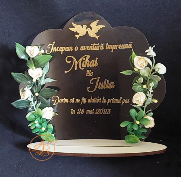Invitatie plexiglass, trofeu decorat cu flori - imagine 3