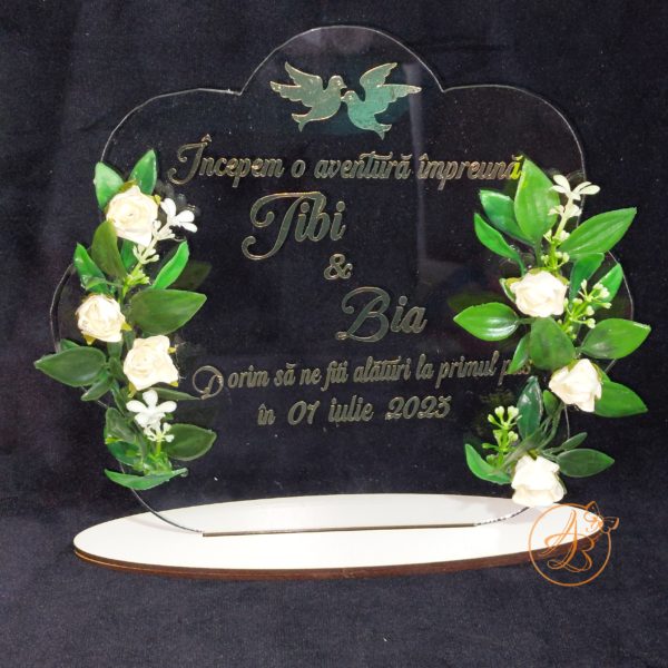 Invitatie plexiglass, trofeu decorat cu flori - imagine 6
