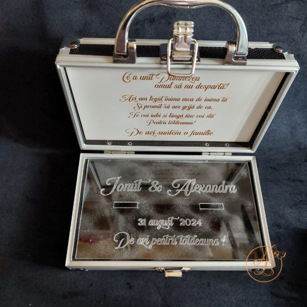 Security Ring Box - cutie metalica pentru verighete cu placa alba gravata - imagine 8