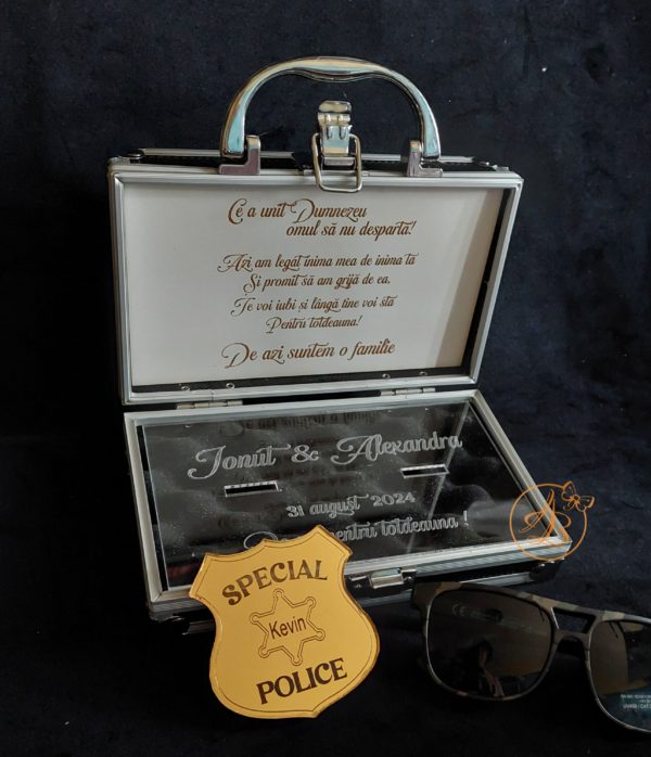 Security Ring Box - cutie metalica pentru verighete cu placa alba gravata - imagine 10