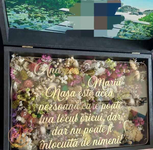 Cutie mare cu flori uscate, poza si placa plexiglass, pentru nasa - imagine 2
