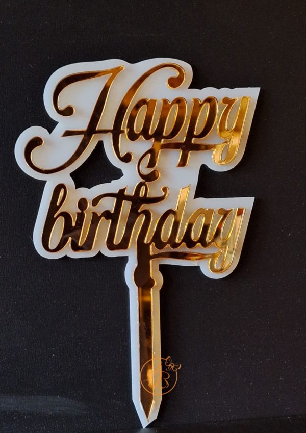 Topper din plexiglas alb si oglinda aurie Happy birthday - imagine 4