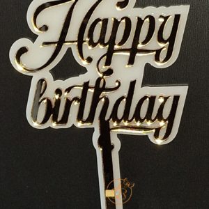 Topper din plexiglas alb si oglinda aurie Happy birthday