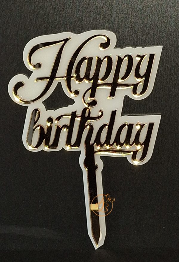 Topper din plexiglas alb si oglinda aurie Happy birthday - imagine 3