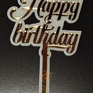 Topper din plexiglas alb si oglinda aurie Happy birthday
