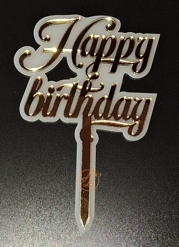 Topper din plexiglas alb si oglinda aurie Happy birthday