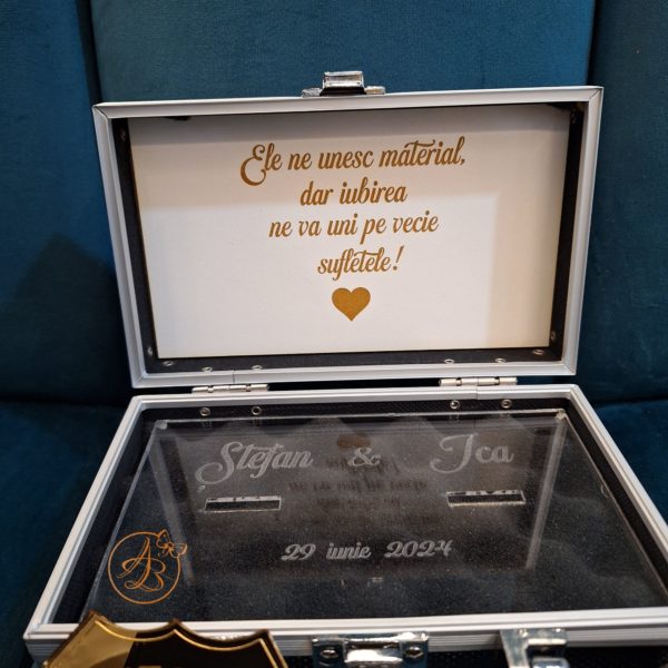Security Ring Box - cutie metalica pentru verighete cu placa alba gravata - imagine 13