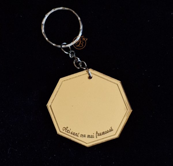 Breloc oglinda hexagon cu text