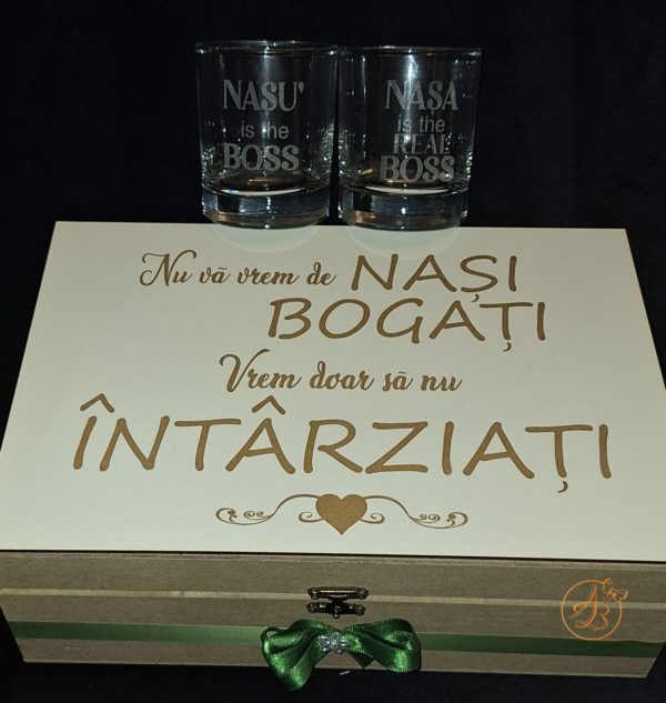 Cutie natur cu placa gravata si doua pahare - imagine 16
