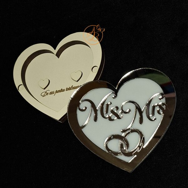 Cutie verighete Mr & Mrs inima cu capac oglinda - imagine 4