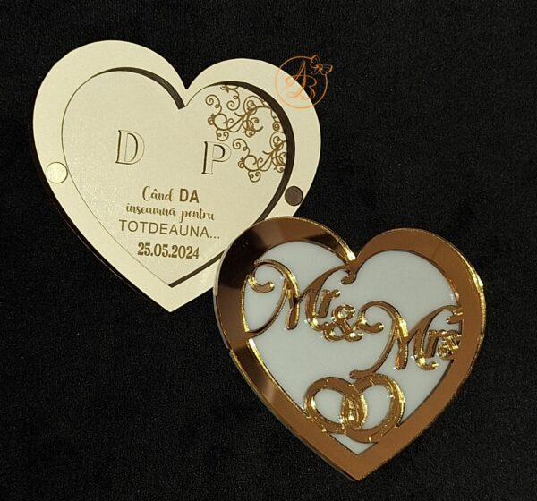 Cutie verighete Mr & Mrs inima cu capac oglinda - imagine 3