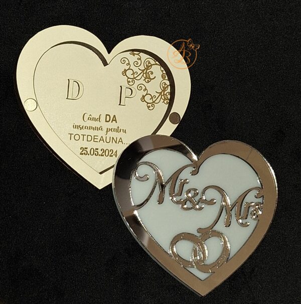 Cutie verighete Mr & Mrs inima cu capac oglinda - imagine 8