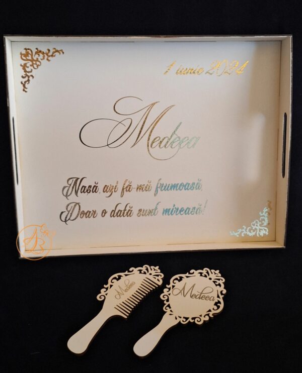 Set alb pentru mireasa, tava, oglinda, pieptene