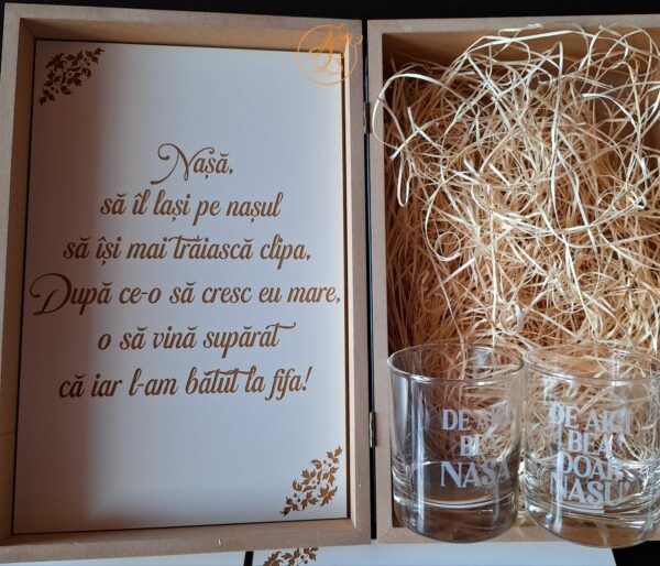 Cutie natur cu placa gravata si doua pahare - imagine 22