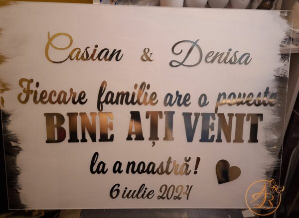 Panou plexiglass alb, Fiecare familie are o poveste, Bine ati venit la a noastra, cu nume si data - imagine 2