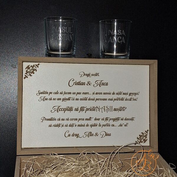 Cutie natur cu placa gravata si doua pahare - imagine 35