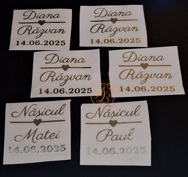 Stickere pentru pahare cu nume, data si inimioara