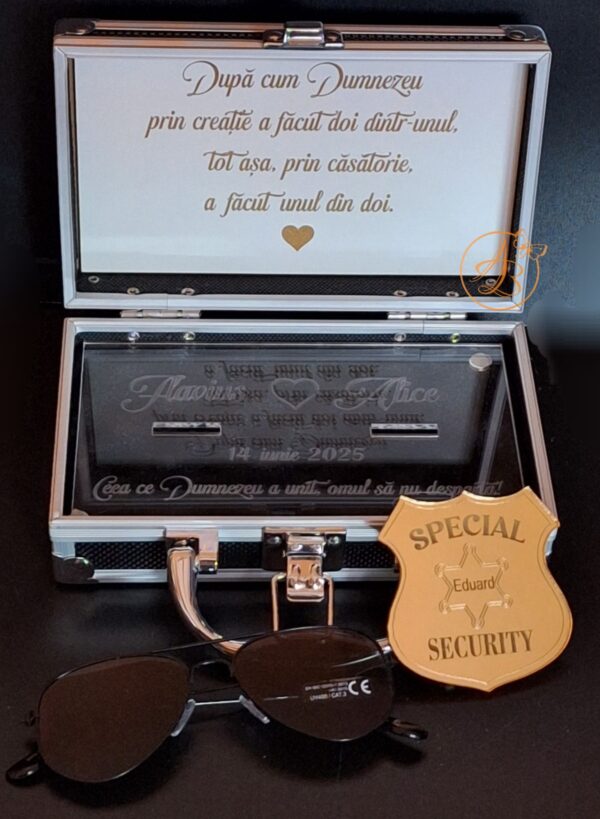 Security Ring Box - cutie metalica pentru verighete cu placa alba gravata - imagine 22