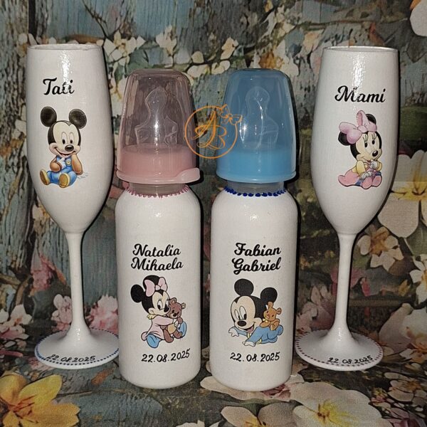 Set de pahare si sticlute decorate pentru botez gemeni - imagine 7