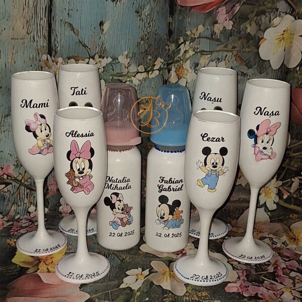 Set de pahare si sticlute decorate pentru botez gemeni - imagine 9