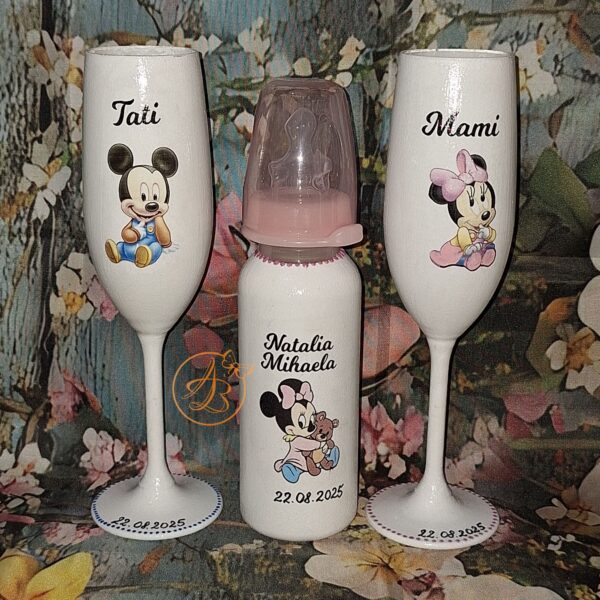 Set de pahare si sticlute decorate pentru botez gemeni - imagine 11