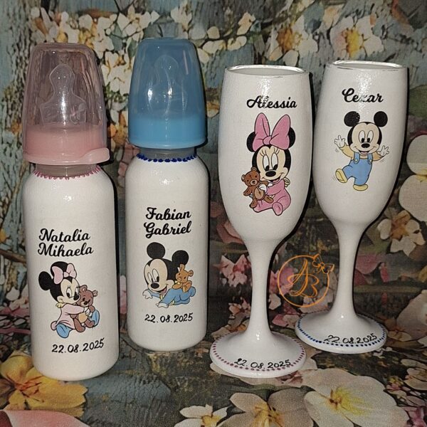 Set de pahare si sticlute decorate pentru botez gemeni - imagine 12