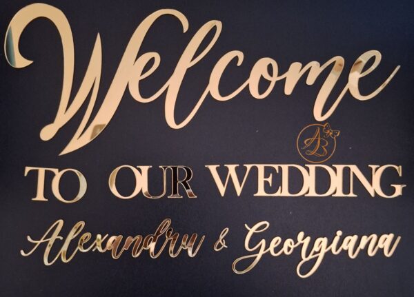 Welcome TO OUR WEDDING cu nume, pentru panou foto, din oglinda aurie/argintie - imagine 2