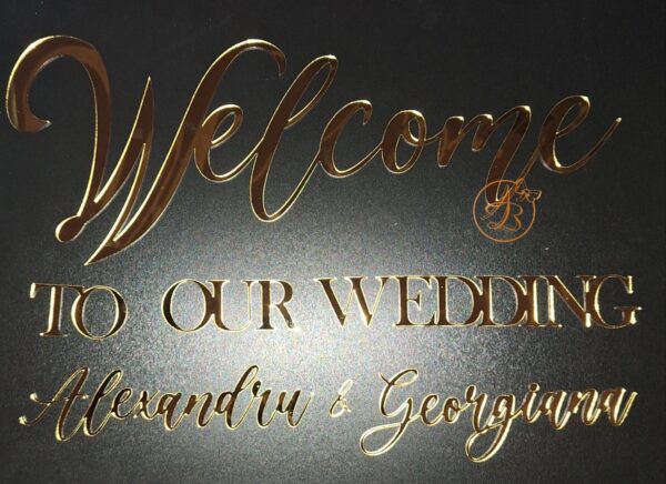 Welcome TO OUR WEDDING cu nume, pentru panou foto, din oglinda aurie/argintie - imagine 4