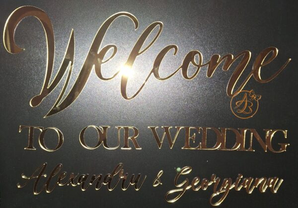 Welcome TO OUR WEDDING cu nume, pentru panou foto, din oglinda aurie/argintie - imagine 5