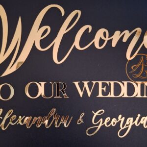 Welcome TO OUR WEDDING cu nume, pentru panou foto, din oglinda aurie/argintie