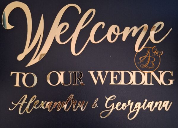 Welcome TO OUR WEDDING cu nume, pentru panou foto, din oglinda aurie/argintie
