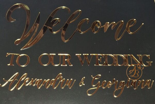 Welcome TO OUR WEDDING cu nume, pentru panou foto, din oglinda aurie/argintie - imagine 7