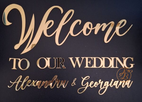 Welcome TO OUR WEDDING cu nume, pentru panou foto, din oglinda aurie/argintie - imagine 6