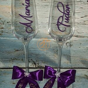 Set 2 pahare cristal, cu nume, cu panglica colorata, personalizata