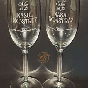 Set 2 pahare sticla gravate pentru cerere nasi