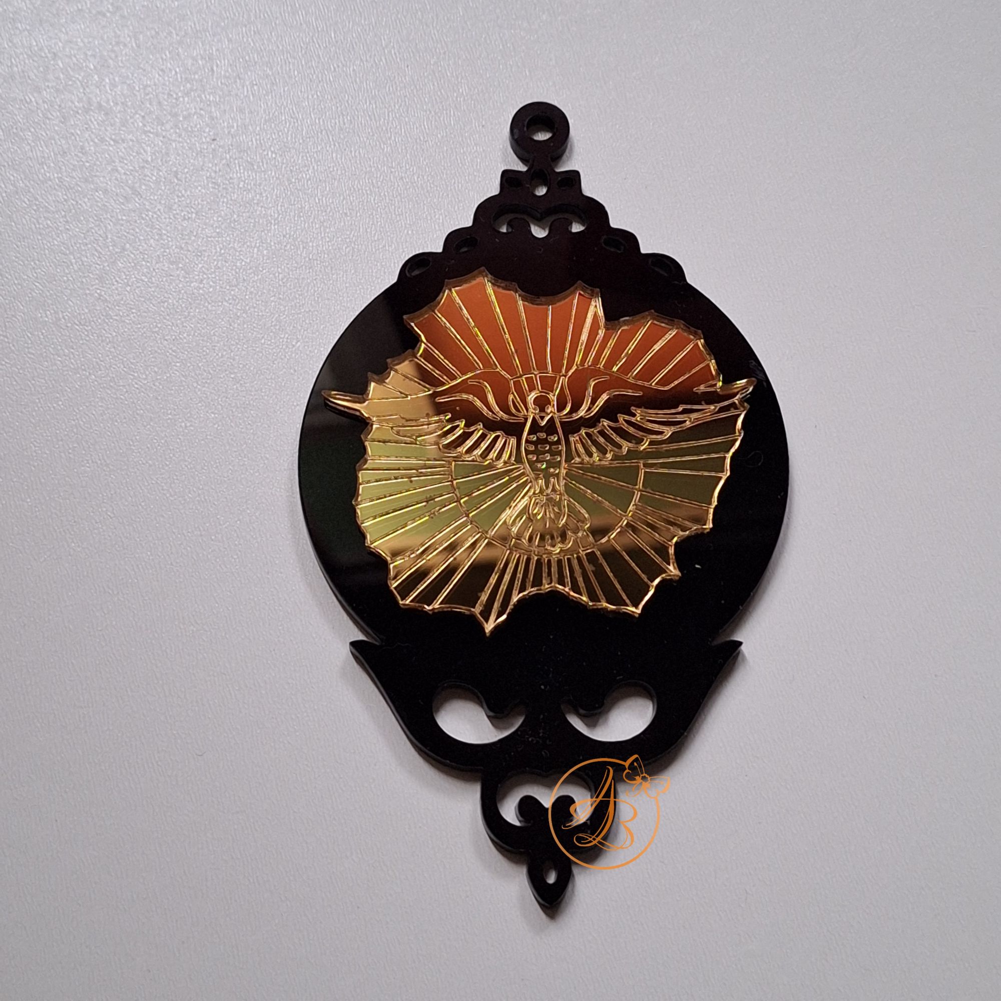 Glob plexiglass negru cu oglinda gravata cu porumbel