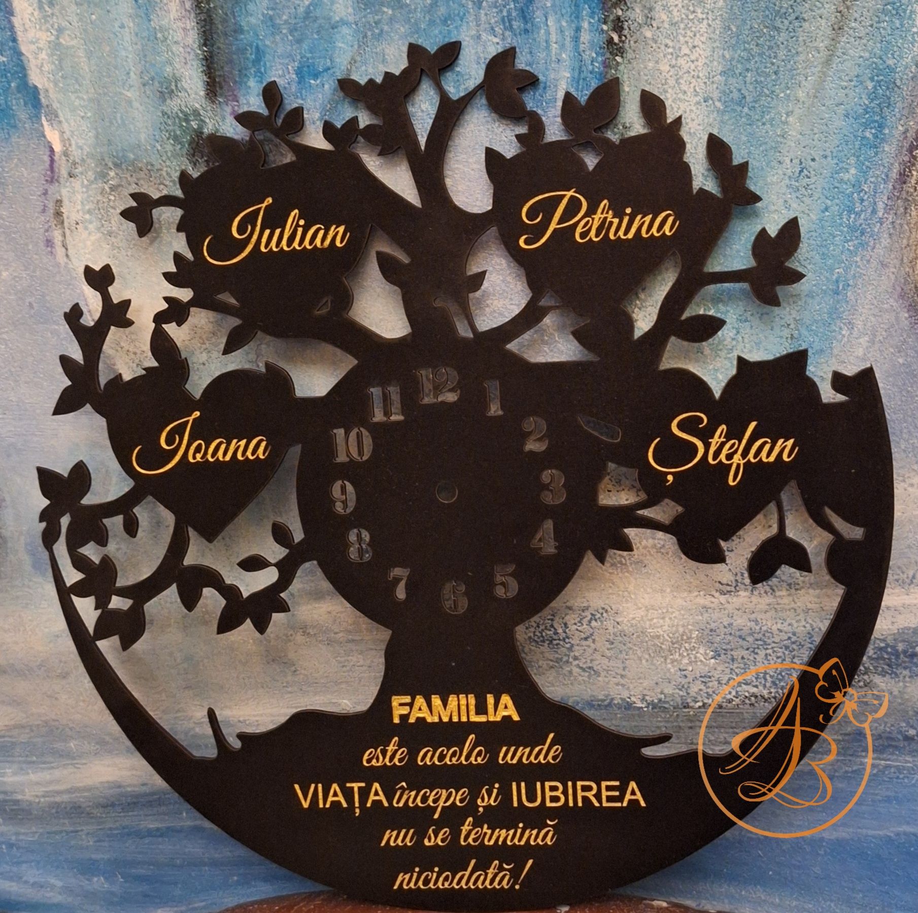 Ceas negru cu frunze gravate, cadou pentru nasi - imagine 2