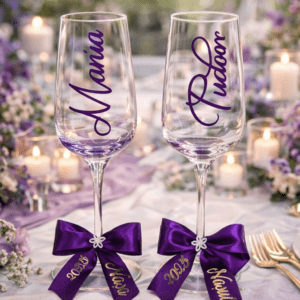 Set 2 pahare cristal, cu nume, cu panglica colorata, personalizata