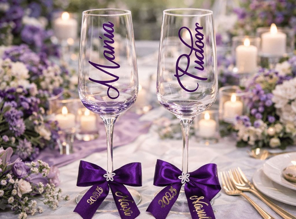 Set 2 pahare cristal, cu nume, cu panglica colorata, personalizata