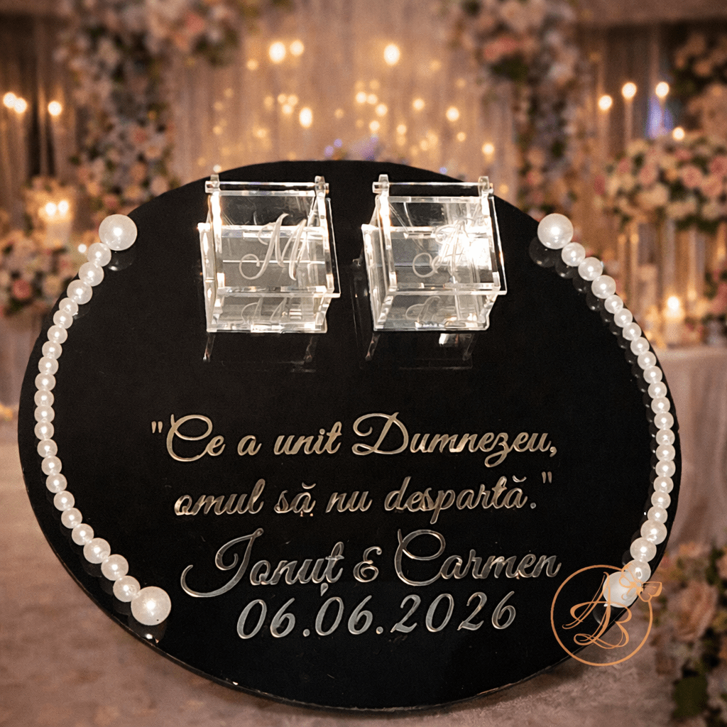 Suport pentru verighete din oglinda neagra, margele albe si 2 cutiute pentru inele