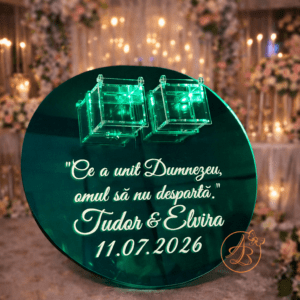 Suport pentru verighete din oglinda verde si 2 cutiute transparente