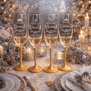 Pahare sampanie gravate pentru miri si nasi, cu talpa vopsita