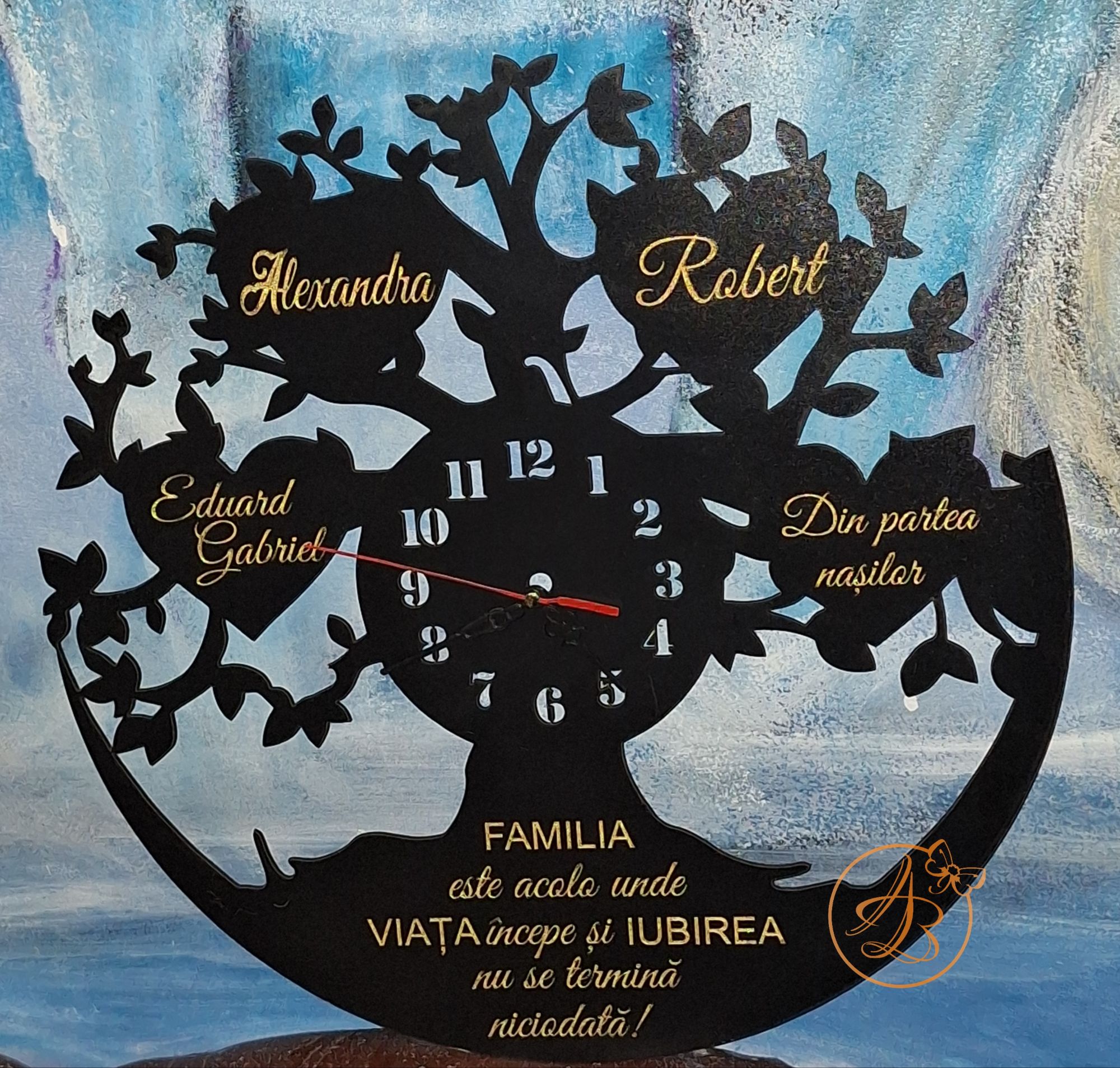 Ceas negru cu frunze gravate, cadou pentru nasi - imagine 7