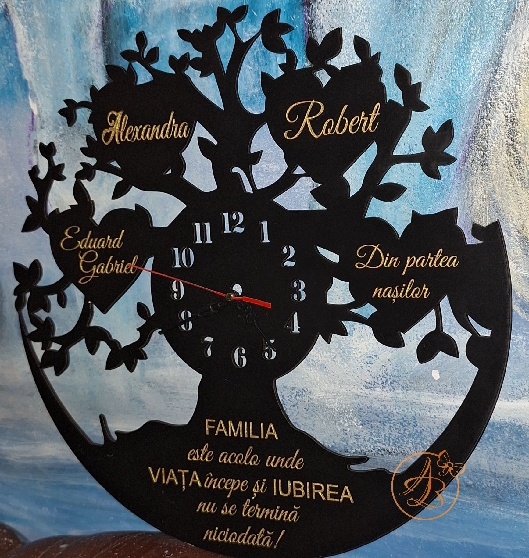 Ceas negru cu frunze gravate, cadou pentru nasi - imagine 9