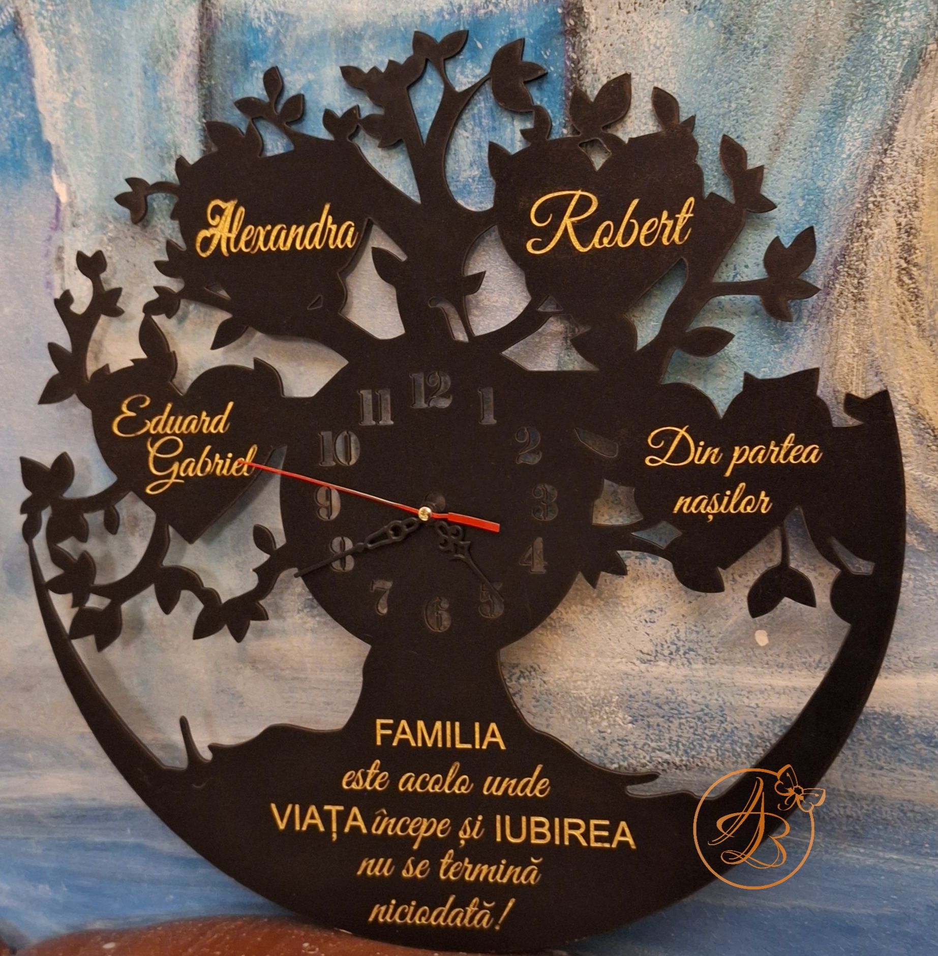 Ceas negru cu frunze gravate, cadou pentru nasi - imagine 6