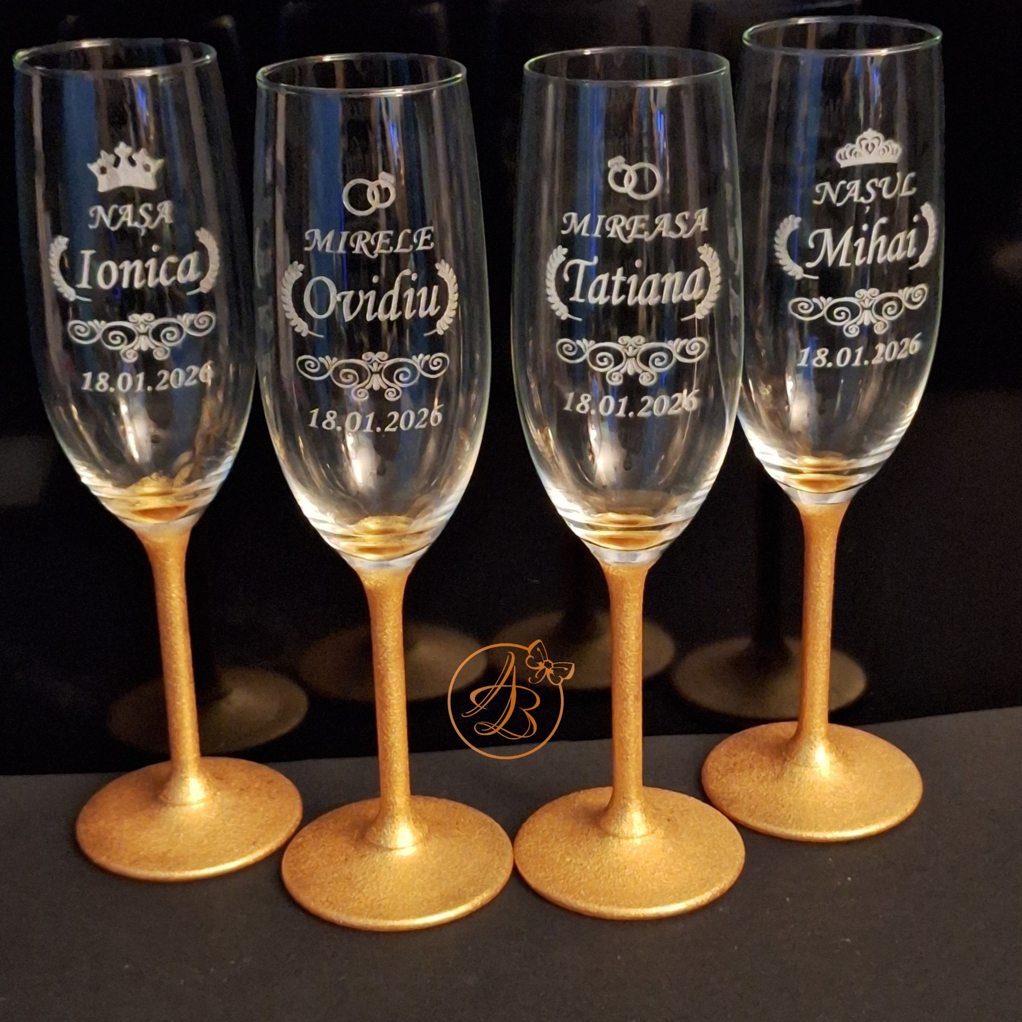 Pahare sampanie gravate pentru miri si nasi, cu talpa vopsita - imagine 2