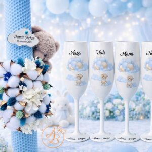 Set lumanare si 4 pahare pentru botez, tematica ursulet cu baloane