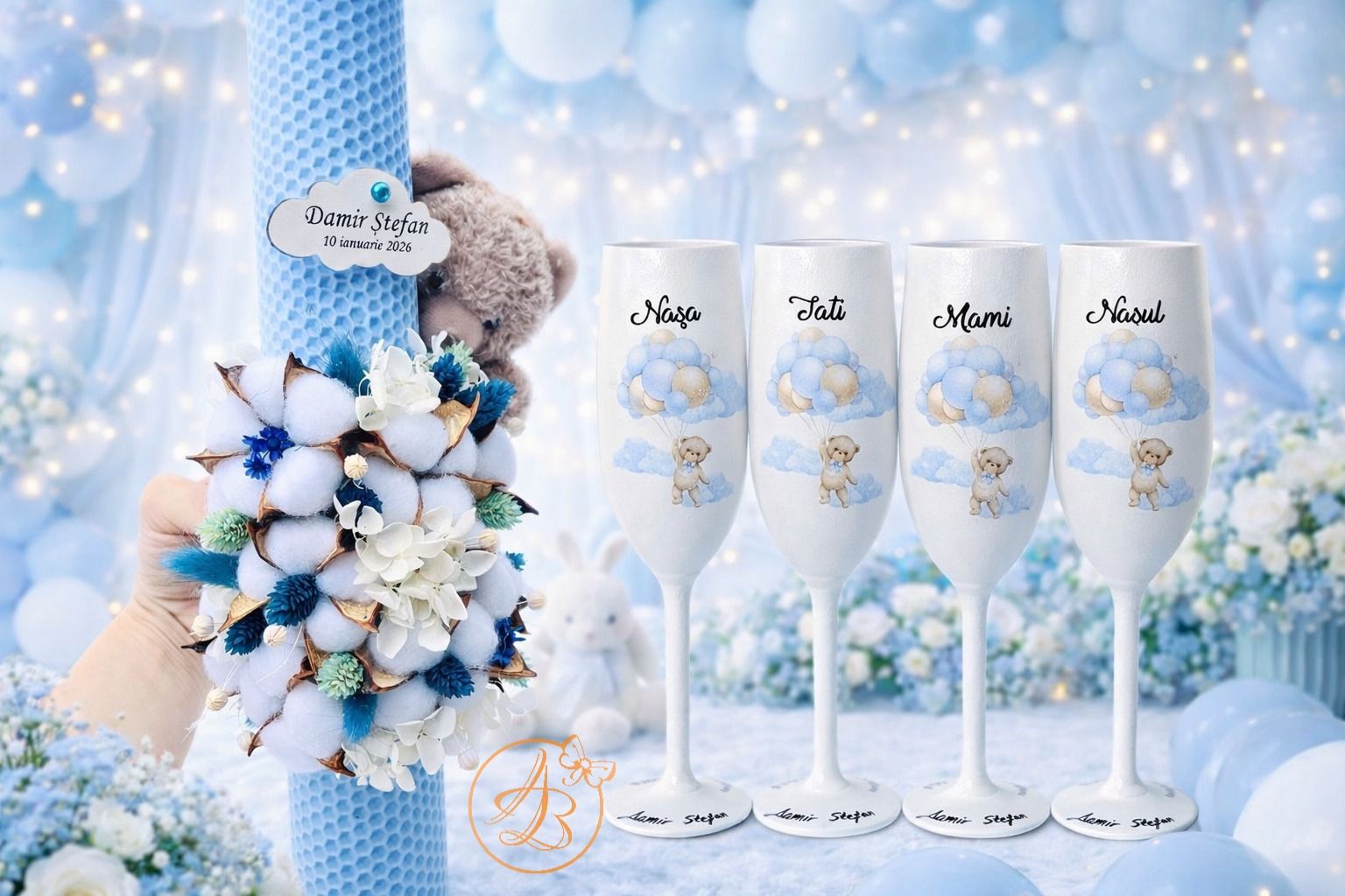 Set lumanare si 4 pahare pentru botez, tematica ursulet cu baloane